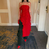 ADVBRIDGE  -  Personalized Women's Clothing Red Strapless Ruffles Tassel Pleated Sleeveless Backless High Split Stretchy Dresses Clubwear