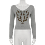 ADVBRIDGE  -  Personality Chic Big V Neck Long Sleeve Sweaters American Temperament Print Autumn Knitted Clothes Y2k High End Basic Pullovers