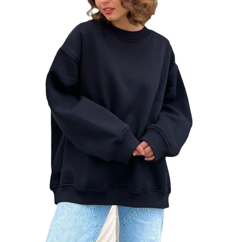 Advbridge Fashionable Round Neck Loose Sweatshirt for Women Autumn and Winter Solid Color Oversize Polar Fleece Pullover Sweatshirt