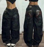 Advbridge Y2K Fashion New Skull Embroidered Baggy Jeans Women Streetwear Gothic Vintage Hip Hop Popular Casual High Waist Wide Leg Pants