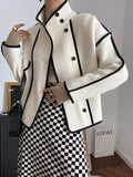 Advbridge Fashion Coats for Women 2024 Loose Standing Collar Solid Short Women's Jacket Contrast Color Design White Black Autumn Outerwear