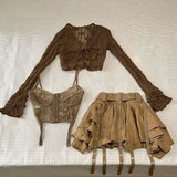 Advbridge Y2k American Hot Girl Three Piece Sexy Skirt Suit Lace Maillard Color High Street Design Cardigan Suspender Female Versatile