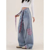 Advbridge American women retro bow tie tied jeans with grid splicing Harajuku Y2k loose casual slimming wide leg pants jeans woman