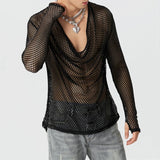 Advbridge Mens Sexy See-Through Mesh Long-Sleeved Top 2024 New Genderless Nightclub Individuality Youthful Thin Low-Cut T-Shirt Unisex
