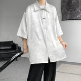 ADVBRIDGE  -  M-5XL Plus Size Men Turn Down Collar Shirt Jacquard Thai Silk Half Sleeve Casual Streetwear Dragon Pattern Chinese Type Clothing
