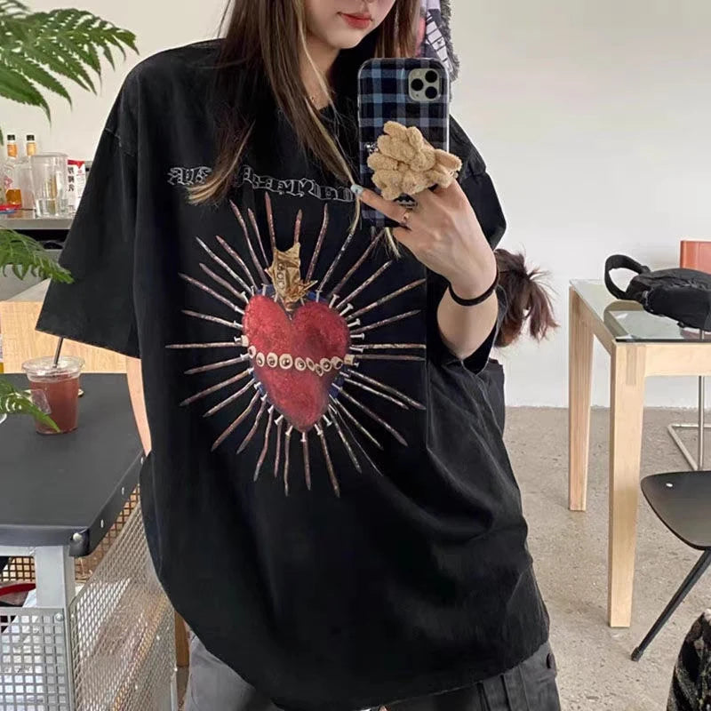 Advbridge Graphic Printed Washed Cotton Men T-shirt Off Shoulder Retro Shirts  Harajuku Women Hip Hop Streetwear Oversized Loose Top Tees