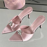 ADVBRIDGE  -  Fashion Satin Rhinestone Slippers Women Sexy Open Toe Thin High Heel Slide Sandals Summer Pointed Toe Elegant Heels Party Shoes