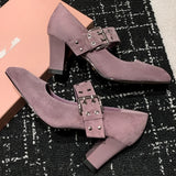 ADVBRIDGE  -  Women's natural suede leather 7cm thick high heel metal buckle slip-on Mary Jane pumps elegant ladies OL style daily dress shoes
