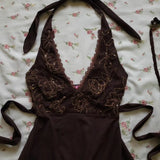 Advbridge Retro Brown Hollow Backless Sexy Dress Womens Gothic Lace Embroidered Dress Hot Sweetheart Y2K Harajuku Slim Dress Clothes