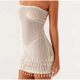 ADVBRIDGE  -  Sexy White Knit Mini Dress Strapless High Waist Summer Party Dresses See Through Tassels Elegant Slim Vestido Holiday Robe
