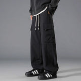 ADVBRIDGE  -  Men's Clothing Elastic Cargo Straight Trousers Solid Color High Waist Pockets Spring Autumn Drawstring Casual Loose Pants