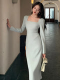 Advbridge  -  Autumn Spring New Elegant  Bodycon Midi Dress Fashion Office Lady Long Sleeves Solid Color Midi Women Slim Party Clothes