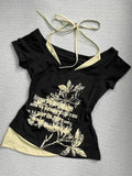 Advbridge Summer Fake Two Pieces Halter Bandage Vintage T-shirts Y2k Aesthetic Slim Crop Tops Women Grunge Print Harajuku Casual Sexy Tee