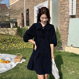 Advbridge Vintage Pleated Lacing Loose Mini Dress Summer New Half Sleeve Solid Color Sweet Casual Dresses Fashion Korean Women Clothing