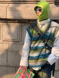 Advbridge Vintage Sweater Vest Men's Knitted Sleeveless Men Sweaters Retro V-neck Pullover Blue Japanese Streetwear Harajuku