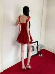 Advbridge Retro Red Camisole Dress For Women'S Summer New Small Fly Sleeve Pleated Design, Ruffle Edge Slim Fit Short Dress