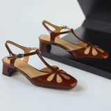 ADVBRIDGE  -  Women's cow leather hollow-out t-strap sandals 4cm thick med heel square toe elegant ladies summer pumps heeled shoes for woman
