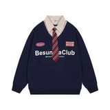 Advbridge Autumn Winter New Fake Two Pieces Sweatshirts Women Clothing Boys Vintage Turn-down Collar Casual Trend Letter Sweatshirts