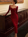 Advbridge Elegant Red Bodycon Midi Dresses for Women Chain Square Collar Long Sleeves Slim Autumn New Fashion Slit Party Dress Prom Robe