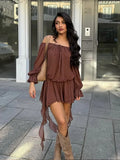 ADVBRIDGE  -  Chic Low Neck Lace Up Mini Dress Elegant Solid Flare Sleeve Pleated Off Shoulder Gown New Women Highstreet Holiday Dresses 2025