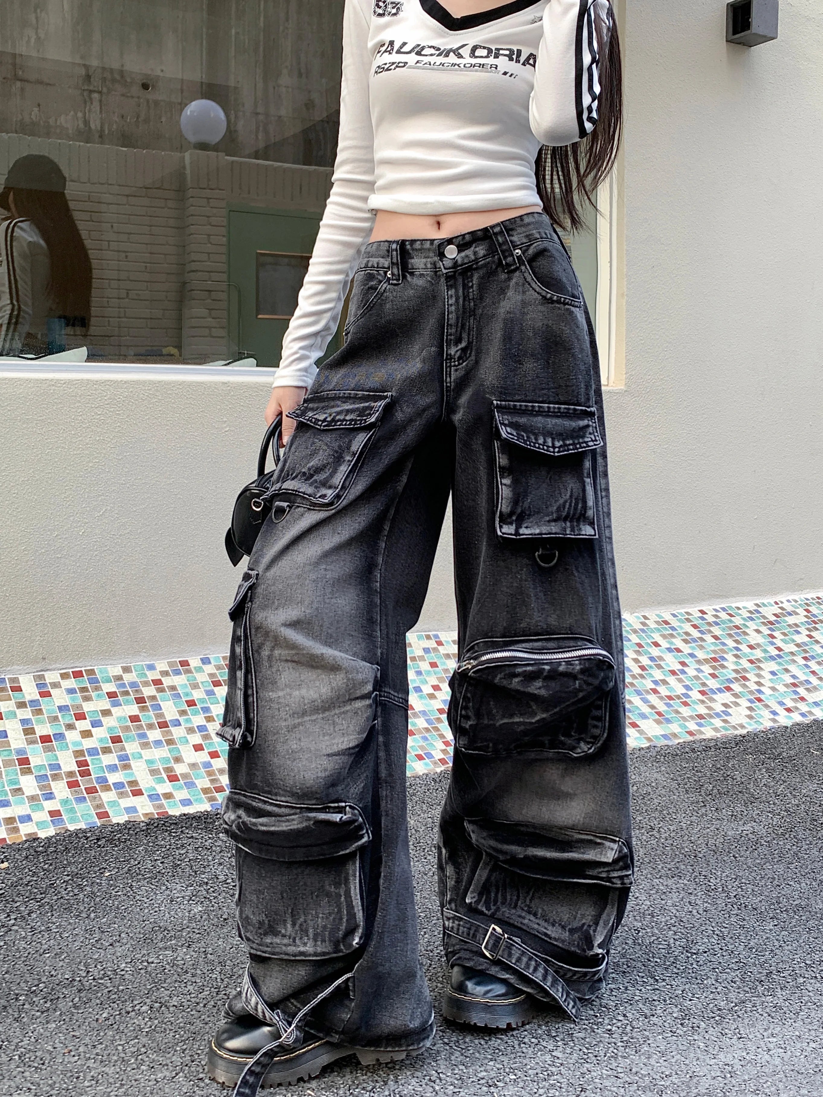 Advbridge Women's Black Gothic Cargo Baggy Jeans Y2K Japanese Harajuku Streetwear Retro 90s Aesthetics Wide Leg Jeans Pants Clothing 2025