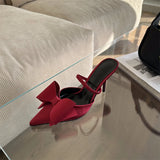 ADVBRIDGE  -  Burgundy Stiletto Heel Pumps Woman Pointed Toe Slingback Shoes Summer Low Heels Bow Dress Shoes Classic Office Ladies Shoes