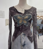 Advbridge Women's Sexy Mesh V-neck Navel-Baring T-shirt Skinny Hot Girl Denim Butterfly Embroidered Patchwork Top Essential Streetwear8921