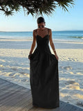ADVBRIDGE  -  Fashion Solid V Neck Robes Chic Pleated Sleeveless Off Shoulder Puffy Long Dress New Women's Summer Vaction Beach Vestidos 2025