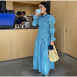 ADVBRIDGE  -  Fashion Blue Striped Pleated Long Dress Chic Flare Sleeve Round Neck Gown New Women's Summer High Street Vacation Vestidos