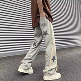 Advbridge High Street Design Star Patch Denim Jeans for Men American Vibe Trendy Brand Street Bombing Washed and Worn Wide Leg Pants For
