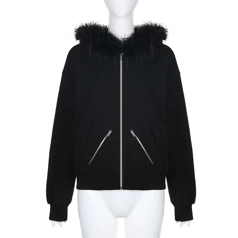 Advbridge Goth Dark Faux Fur Collar Hooded Zip Up Hoodies Gothic Grunge Pockets Autumn Black Jackets Female Y2k Streetwear egirl Cardigans
