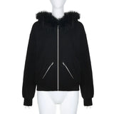 Advbridge Goth Dark Faux Fur Collar Hooded Zip Up Hoodies Gothic Grunge Pockets Autumn Black Jackets Female Y2k Streetwear egirl Cardigans