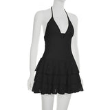 ADVBRIDGE  -  Women's Halter Deep V-neck Hollow Lace See-through High Waisted Strappy Ruched Mini Solid Tank Dress Vacation Club Summer Outfit