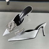 ADVBRIDGE  -  Designer CRYSTAL Flower Silk Pointed Toe Women Slippers Fashion Thin Heels Party Dress Ladies Mule Shoes