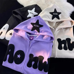 Advbridge Y2K zip up hoodie Harajuku American-style retro High Street Embroidery stars Zipper hoodie women loose lazy style chic coat top