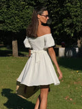 ADVBRIDGE  -  White Waist Lace-up Mini Dress Women Drawstring Off Shoulder Puff Sleeve A-line Dresses Summer Simple Casual Fashion Vestidos