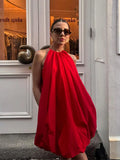 Advbridge Women Fashion Red Halter Mini Dress Sexy Round Neck Sleeveless Backless A-line Dresses 2024 New Summer Lady Beach Holiday Robes