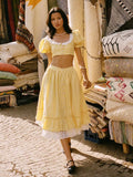 Advbridge  Gingham Printed Yellow Women Summer Dress Set Lace Top+skirt Sets Vintage French Style Midi Dress Oufits Plaid Vestidos