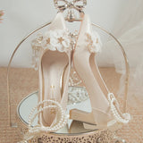 Advbridge Elegant Flowers High Heels Pumps Women 2024 New Pearl Ankle Strap Wedding Shoes Woman String Bead Small Square Heel Bridal Shoes