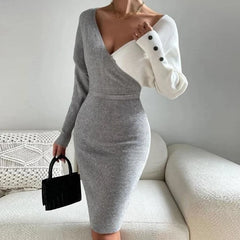 Advbridge Elegant Contrasting Colors Wrap Hip Knitting Dress Autumn Winter High Waist Mid Dress Lady V Neck Long Sleeve Commute Slim Dress