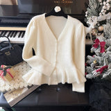 Advbridge 2025 Winter Casual Knitting Long Sleeve Purple Cardigans Women's Vintage Office Lady V-Neck Solid Color Elegant Slim Sweater Top