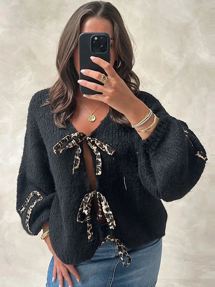 Advbridge Leopard Printed Women Knitted Sweater Hollow Out Lace Up Bow V Neck Female Loose Cardigan 2024 Autumn High Street Lady Sweaters