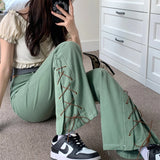 Advbridge Streetwear Side Lace-Up Mid Waist Jeans Woman Fashion Wide Leg Green Pants Trousers Female Denim Baggy Mom Jeans S-XL