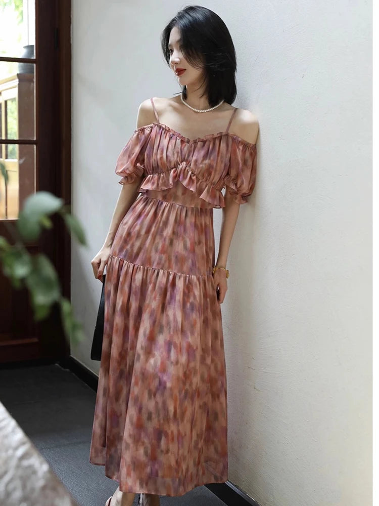 Advbridge  -  Summer New French Elegant Party Print Dress Sweet A Line Midi  Ladies Vintage Robes