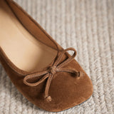ADVBRIDGE  -  Women's natural suede leather square toe slip-on flats 3cm round low heel sweet bowtie casual female four season shoes for woman