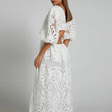 ADVBRIDGE  -  Women Sexy Pleated A-Line Dress Embroidery Retro Puff Short Sleeve Party Dress Temperament V Neck Waist Hollow Lace Long Dress