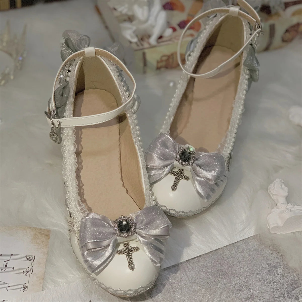 Advbridge Japanese Style Lolita Cosplay Shoes Gothic Flower Wedding Victorian Girls Cross Striped Bow Lace Pearl Flower High Heeled Shoes