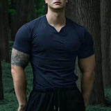 Advbridge Men's Fashion Casual T Shirt Summer New Solid V-Neck Short Sleeve Top Tight Tee Shirts Muscle Male Workout Sexy T-Shirt LGBT
