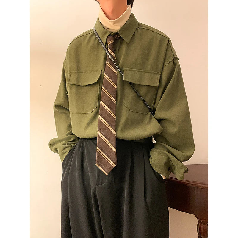 ADVBRIDGE  -  Spring Long Sleeved Shirt Men Fashion Retro Pocket Shirt Men Japanese Streetwear Loose Casual Shirt Mens Vintage Shirts M-3XL