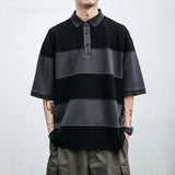 Advbridge Japanese Style Summer New Men's Turn-down Collar Spliced Striped Button Fashion Vintage Loose Half Sleeve Tops T-shirt
